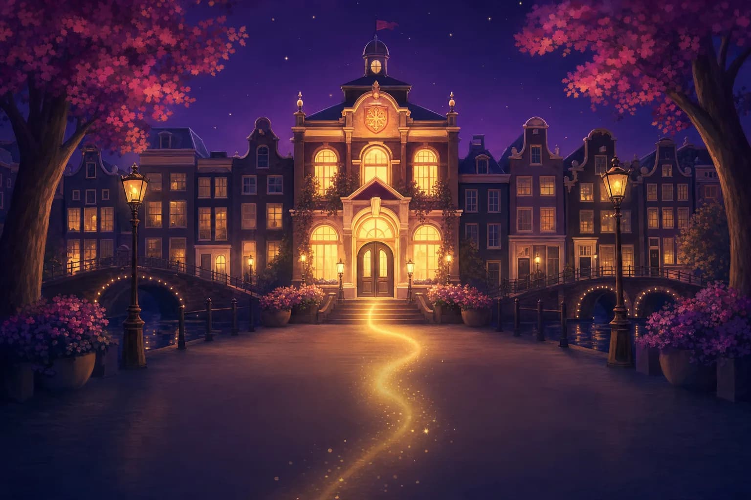 Illustration: a glowing school doorway at night with a golden path leading to it
