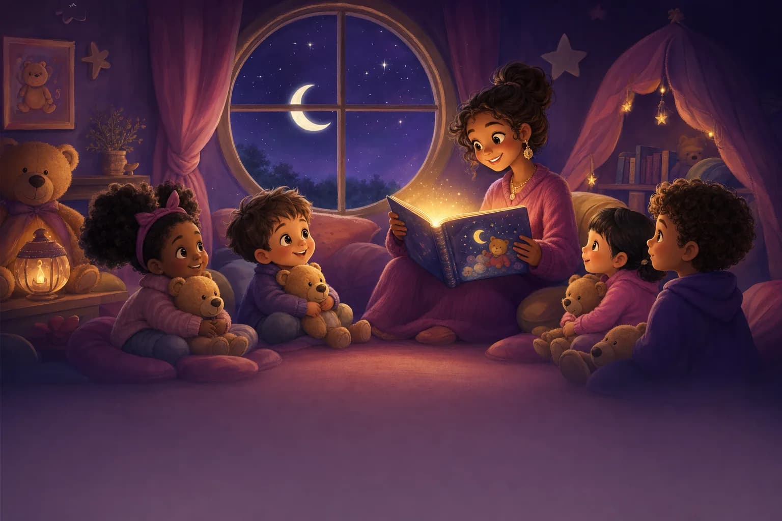 Illustration: story time in a cozy nook — a teacher reading a glowing picture book to little children with teddy bears