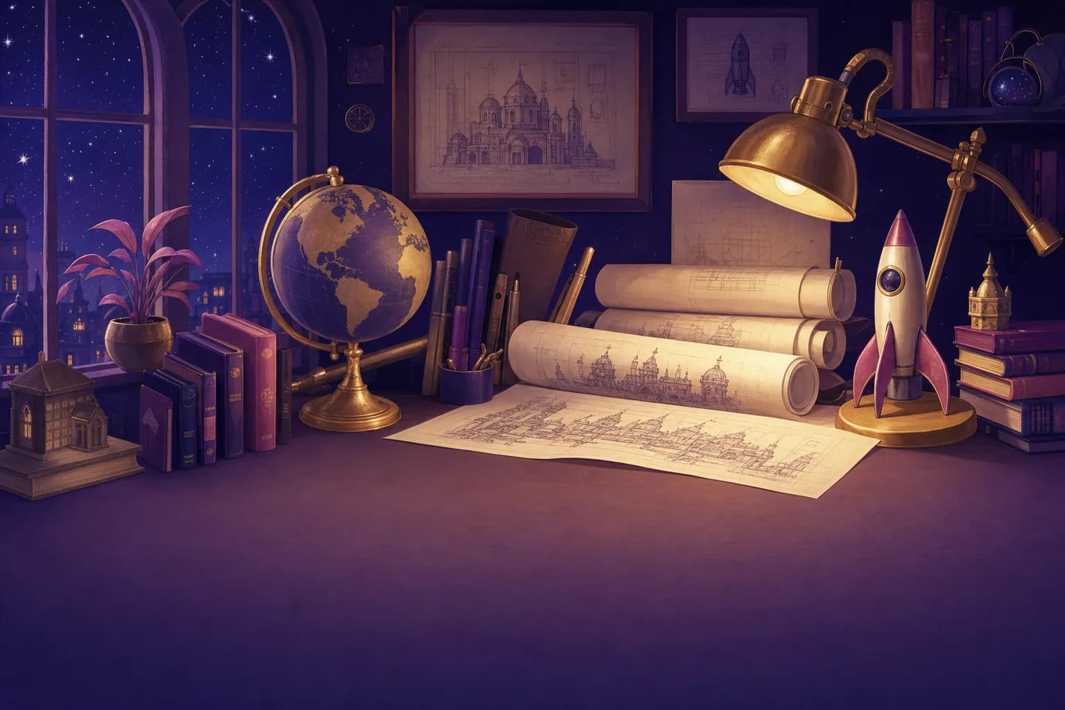 Illustration: a study desk with blueprints, a globe, workbooks and a rocket model