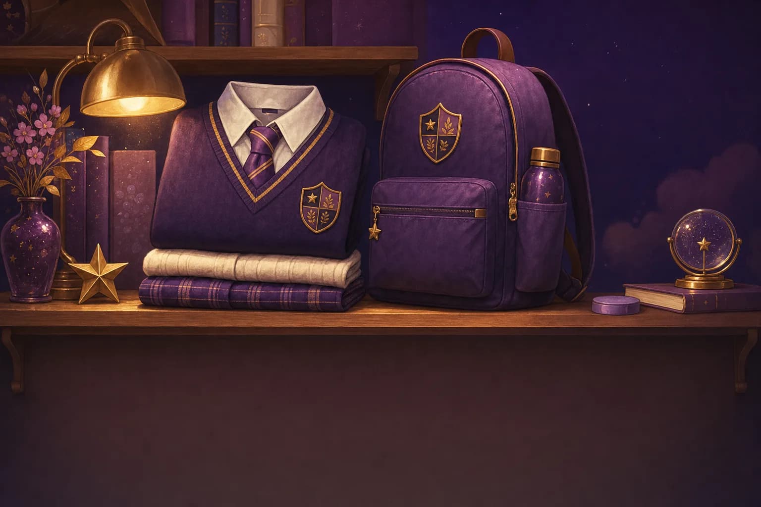 Illustration: a TISA school uniform and purple backpack displayed on a gold-lit shelf