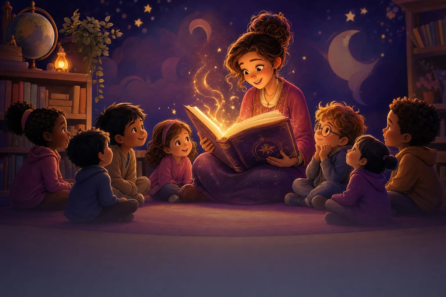Illustration: a teacher reading an enchanted glowing book to a circle of children in a warm classroom