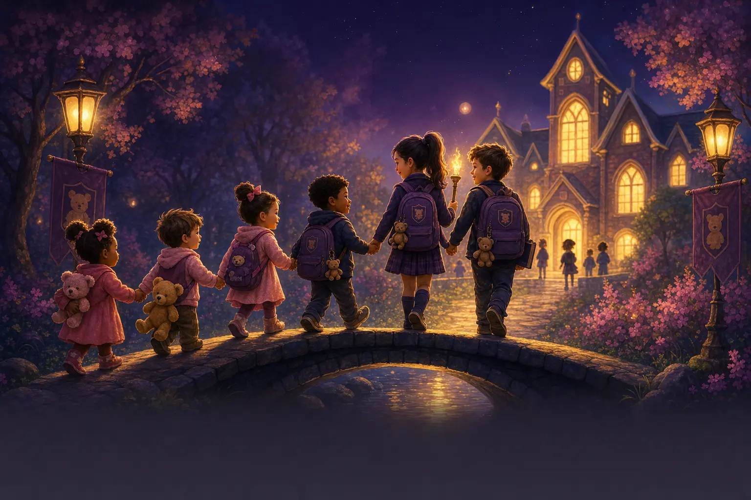 Illustration of Teddy Kids toddlers walking hand-in-hand with TISA students toward the glowing school