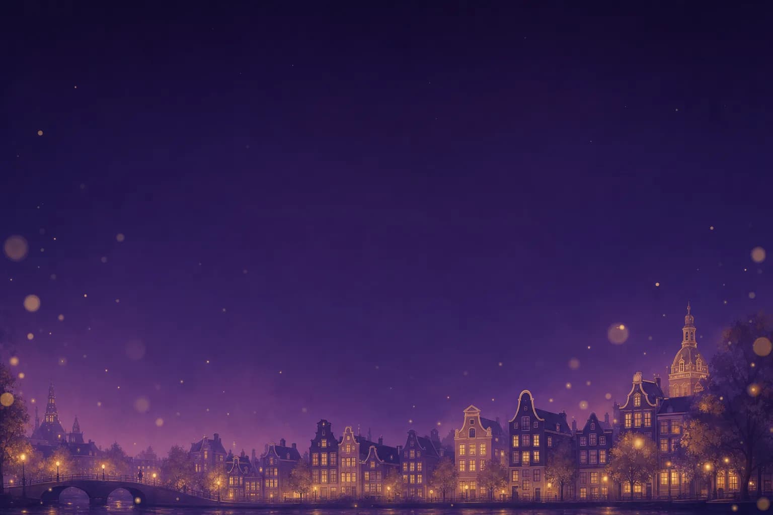 Illustration: Leiden canal houses glowing at night under a purple sky