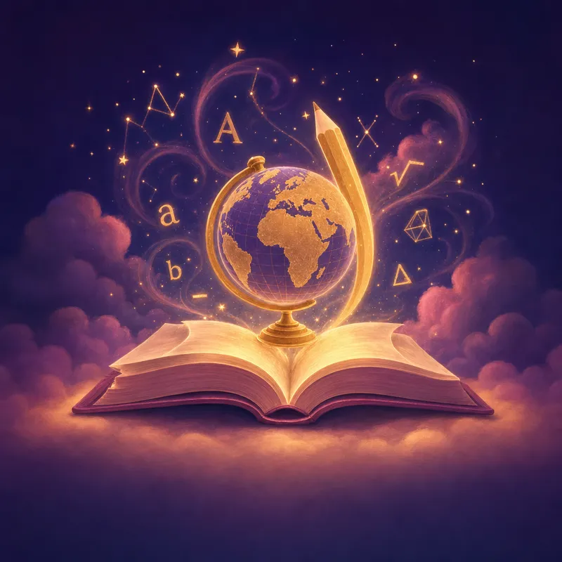 Illustration of a glowing globe and pencil resting on an open book