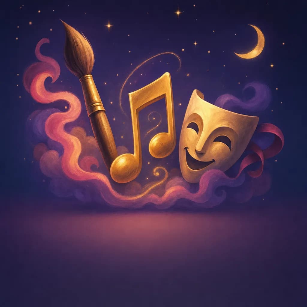 Illustration of a paintbrush, musical note, and theater mask