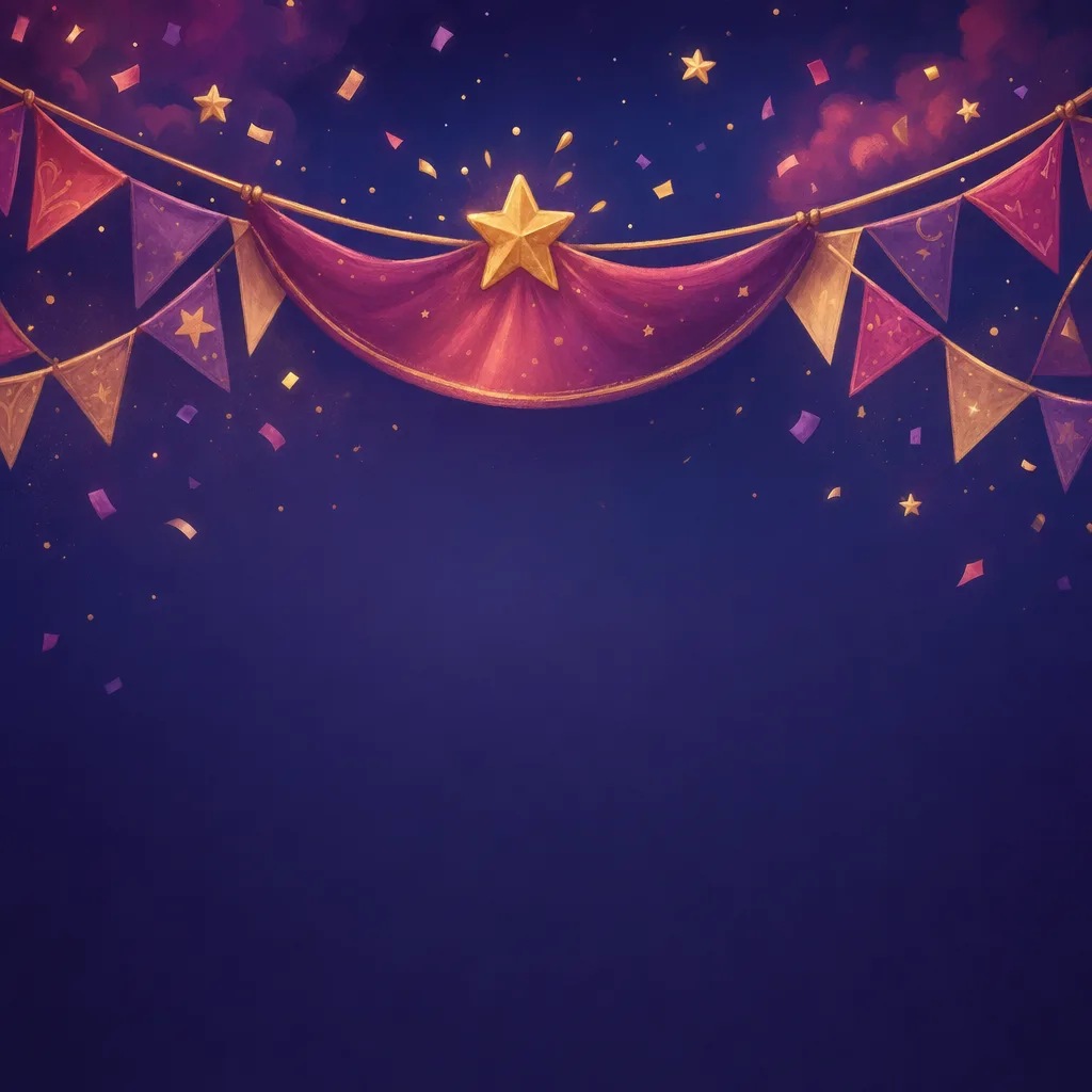 Illustration of a festive banner and bunting with confetti and a star