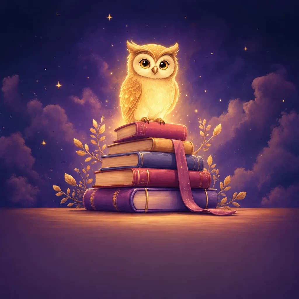 Illustration of a stack of books with a glowing owl perched on top