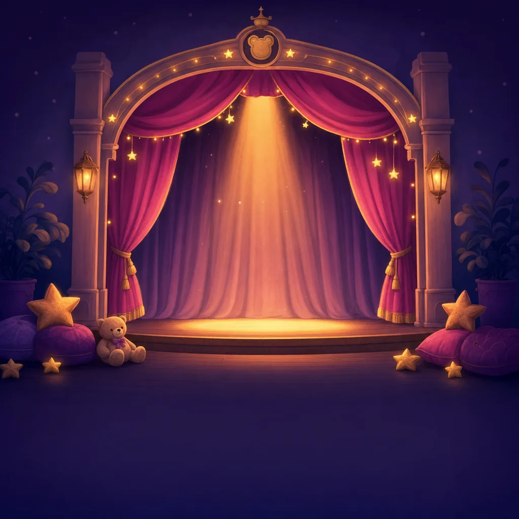 Illustration of a small stage with glowing curtains and a spotlight