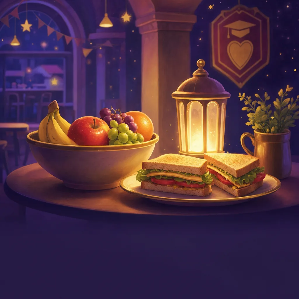 Illustration of a warm glowing bowl of fruit and a sandwich