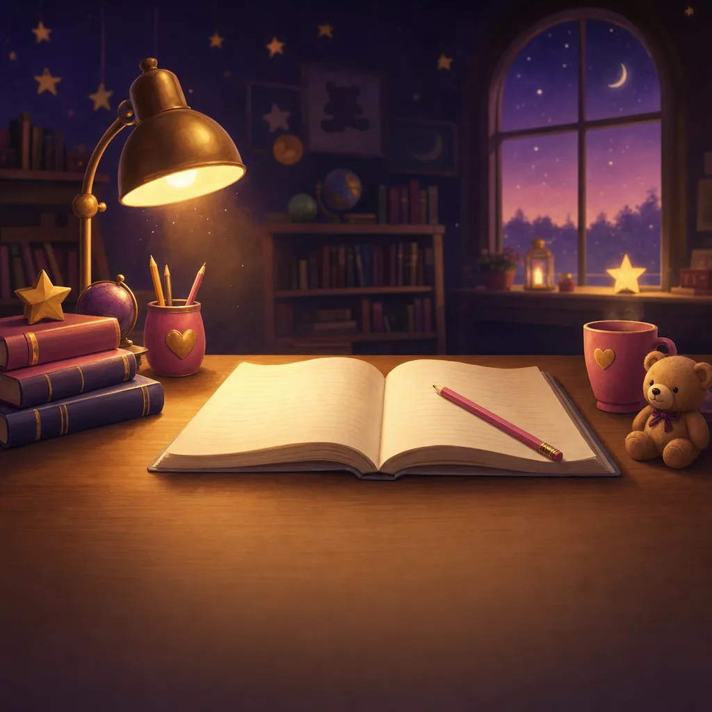 Illustration of a cozy classroom desk with an open notebook and pencil