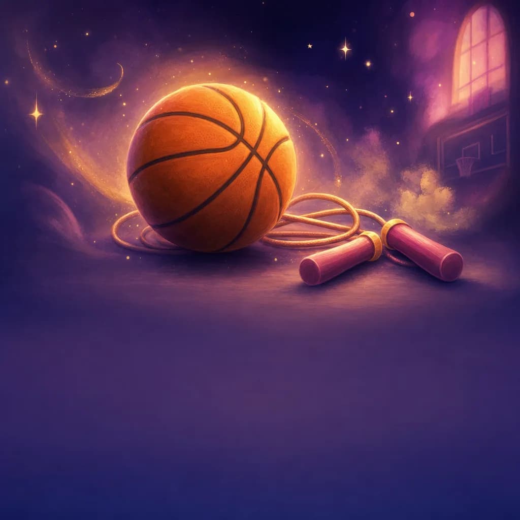 Illustration of a basketball and jump rope glowing softly