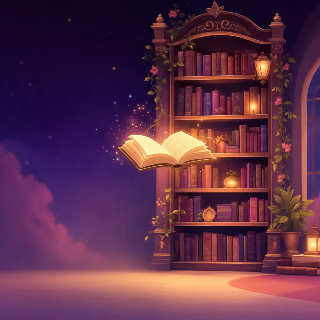 Illustration of a tall bookshelf glowing softly with a floating open book