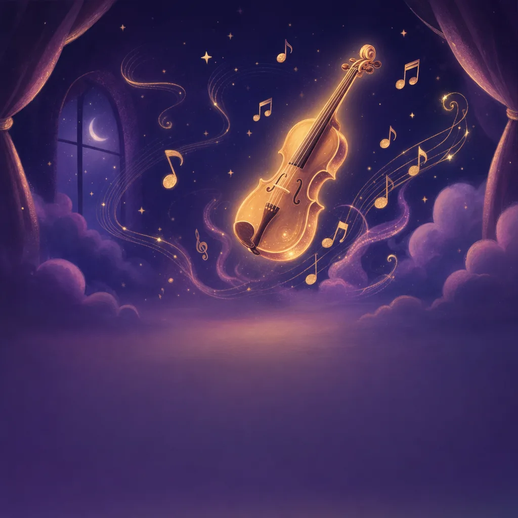 Illustration of a glowing violin and floating musical notes