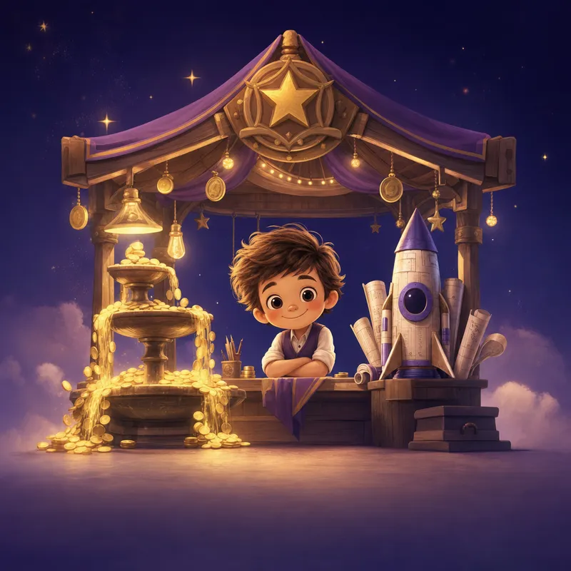 Illustration of a storybook child at a gold-coin market stall with a rocket