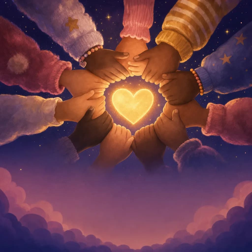Illustration of diverse hands joined in a circle around a warm glowing heart