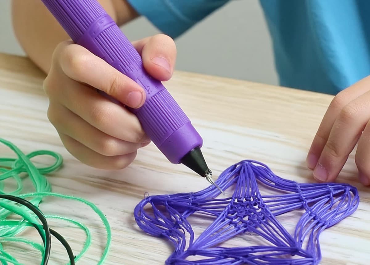 A child drawing a star with a purple 3D pen