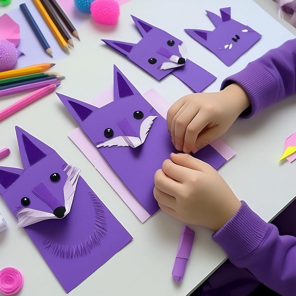 A child making purple paper-craft characters