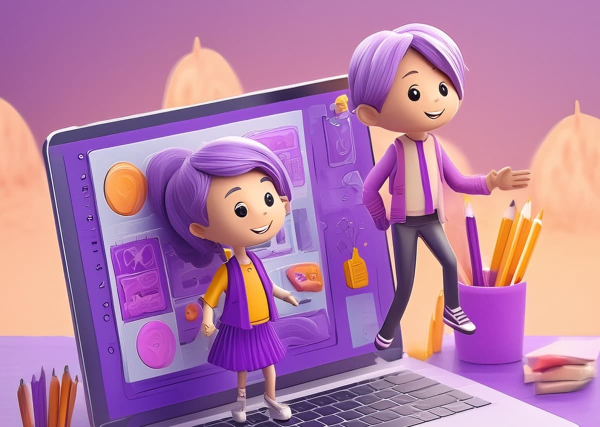 Illustration of children designing on a laptop